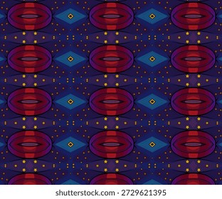 Padrão geométrico abstrato com estrelas e formas cósmicas sobre fundo azul escuro, textura decorativa futurista inspirada pelo espaço e simetria.