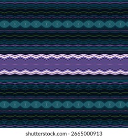 Geometric abstract pattern with teal, purple, and black horizontal waves and zigzag lines, ideal for textile, wallpaper, or digital backgrounds.