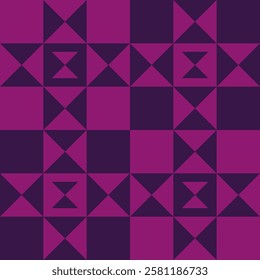 Geometric abstract pattern with vibrant magenta and dark purple triangular shapes forming a repetitive quilt style design. Vector modular illustration