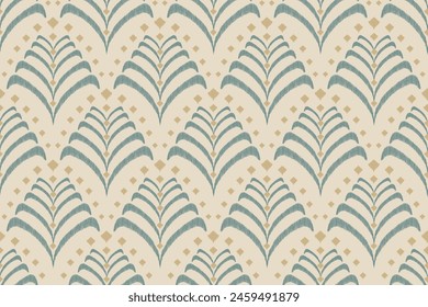 Geometric Abstract Pattern Wallpaper. Sage green gold elegant Ethnic leaf pattern Thai ikat embroidery texture damask vintage design vector illustration