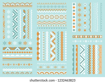 Geometric abstract patterns, borders, decorative design elements set. Traditional greeting ornaments collection.