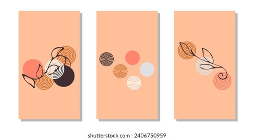 Geometric abstract plant and shape modern style. Abstract circle. Design banner poster for interior decoration. Set. Minimalist vector illustration.