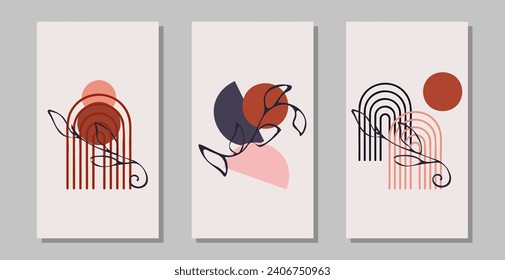 Planta abstracta geométrica y forma el estilo moderno. Tonos rosas. Cartel de diseño para decoración interior. Establecer. Ilustración vectorial minimalista.