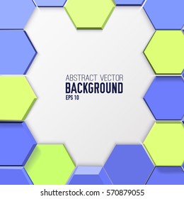 Geometric abstract poster with 3d blue and green hexagons in mosaic style and gray background vector illustration