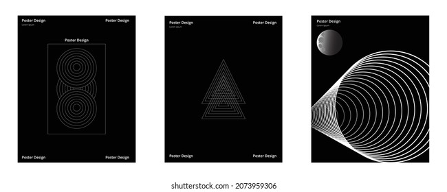 Geometrisches abstraktes Plakatdreieck und Kreiselemente für Design oder Plakat. Schwarzes Poster mit 3 verschiedenen Stilen