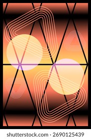 Geometric abstract poster triangular grid with soft glow circles and rounded track lines dark variant