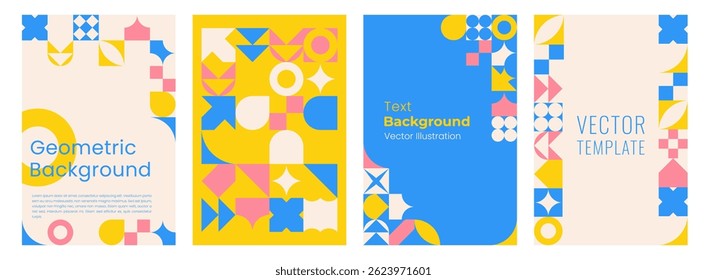 Geometric Abstract Posters with copy space. Colorful Vertical Background of simple geometric shapes in swiss style for Flyer, Cards, Presentation. Vector template.