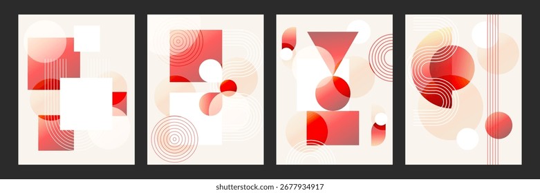 Posters geométricos abstratos definidos. Modelo de capa abstrata de gradiente vermelho com elementos de formas de design retro moderno. Vetor para capas criativas, banners, fundos e mídias sociais.