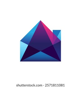 A geometric, abstract representation of a house using various shades of blue and purple with a touch of pink, creating a modern and visually appealing design