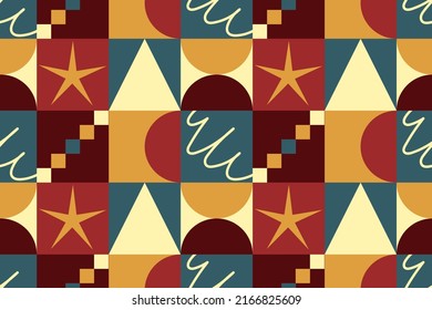 Geometric abstract retro style pattern with simple shapes. Simple geometric seamless pattern composition. Vector repeating design for fabric print, poster, wallpaper, business card and invitation