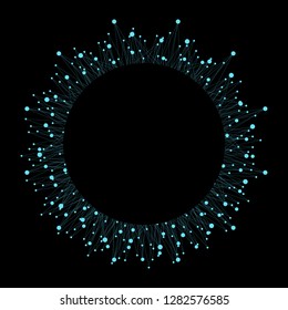 Geometric abstract round form with connected line and dots on black background