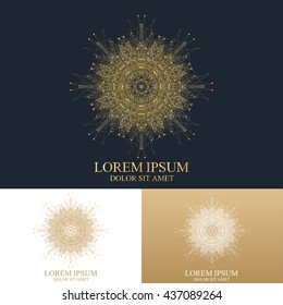 Geometric abstract round form with connected line and dots. Graphic composition for medicine, science, technology , chemistry. Vector Logo Template. Luxury golden solutions design.