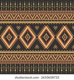 Geometric abstract seamless ethnic pattern. Oriental tribal on black background folk embroidery Navajo textile fashion.Design for wallpaper, Batik, clothing, Sarong