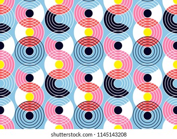 Geometric abstract seamless pattern background. Colorful shapes of curves and circles. Retro style modern trend design