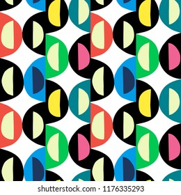 Geometric abstract seamless pattern background. Colorful rough primitive shapes of curves and semicircles