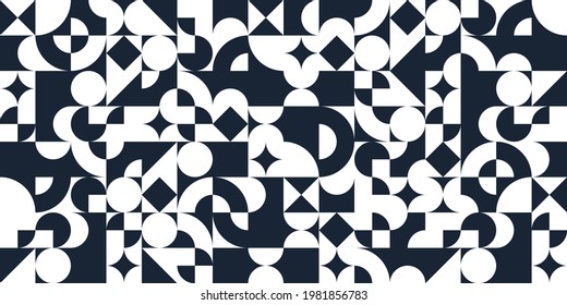 Geometric abstract seamless pattern with black and white simple elements of geometry, wallpaper background in retro 70s style, Bauhaus constructive style tiles.