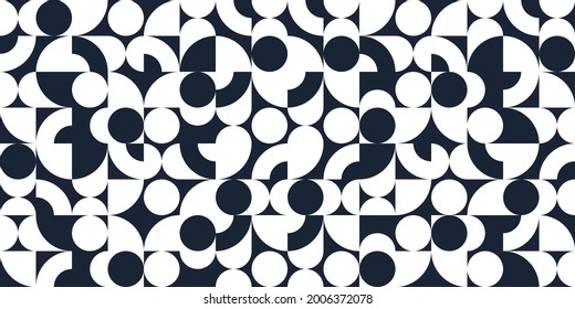 Geometric abstract seamless pattern with black and white simple elements of geometry, wallpaper background in retro 70s style, Bauhaus constructive style tiles.