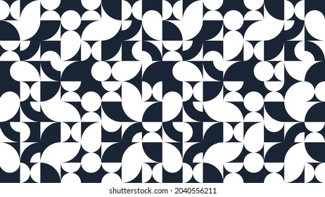 Geometric abstract seamless pattern with black and white simple elements of geometry, wallpaper background in retro 70s style, Bauhaus constructive style tiles.