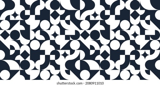 Patrón geométrico abstracto sin fisuras con elementos simples negros y blancos de geometría, fondo de fondo de fondo de fondo en estilo retro de los años 70, baldosas de estilo constructivo Bauhaus.