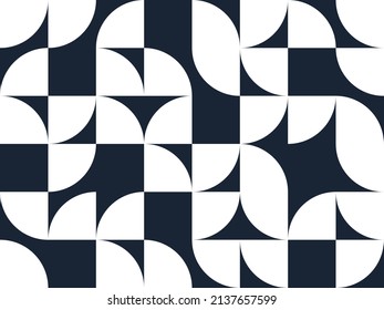 Geometric abstract seamless pattern with black and white simple elements of geometry, wallpaper background in retro 70s style, Bauhaus constructive style tiles.