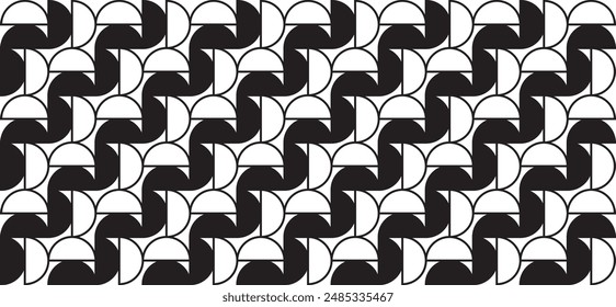 Geometric abstract seamless pattern with black and white simple elements of geometry, wallpaper background in retro 70s style, Bauhaus constructive style tiles. Geometric seamless pattern illustration