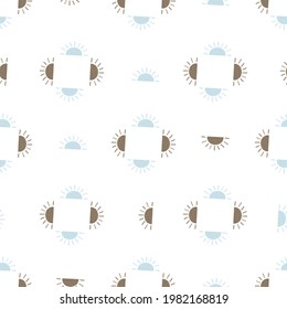 Geometric abstract seamless pattern with blue and beige ethnic sun shapes. Isolated doodle backdrop. Designed for fabric design, textile print, wrapping, cover. Vector illustration.