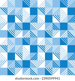 Geometric abstract seamless pattern in blue color. Tile mosaic background of squares and line triangles. Winter ornament for design