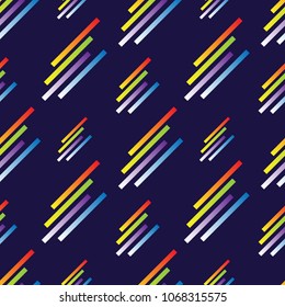 Geometric, abstract seamless pattern. Bright neon. stripes on a blue background. Texture for fabric and backgrounds. Vector illustration.