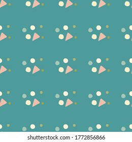 Geometric abstract seamless pattern with circles and triangles. Turquoise background with pink, white and blue figures. Perfect for fabric, textile, wrapping paper, wallpaper. Vector illustration.