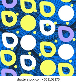 Geometric abstract seamless pattern. Circles, drops over linear motif background