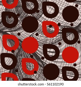 Geometric abstract seamless pattern. Circles, drops over linear motif background