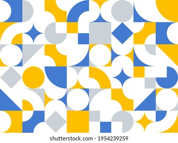 Geometric abstract seamless pattern with colorful simple elements of geometry, wallpaper background in retro 70s style, Bauhaus constructive style tiles.