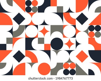 Geometric abstract seamless pattern with colorful simple elements of geometry, wallpaper background in retro 70s style, Bauhaus constructive style tiles.
