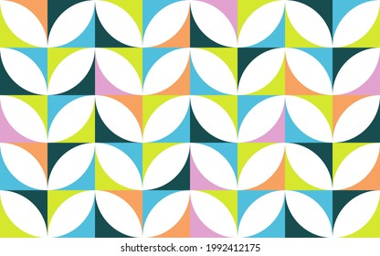 Geometric abstract seamless pattern with colorful simple elements of geometry, wallpaper background in retro 70s style, Bauhaus constructive style tiles.