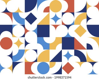 Geometric abstract seamless pattern with colorful simple elements of geometry, wallpaper background in retro 70s style, Bauhaus constructive style tiles.