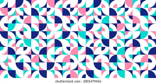 Geometric abstract seamless pattern with colorful simple elements of geometry, wallpaper background in retro 70s style, Bauhaus constructive style tiles.