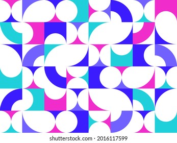 Geometric abstract seamless pattern with colorful simple elements of geometry, wallpaper background in retro 70s style, Bauhaus constructive style tiles.