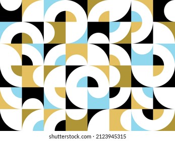 Geometric abstract seamless pattern with colorful simple elements of geometry, wallpaper background in retro 70s style, Bauhaus constructive style tiles.