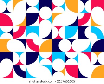 Geometric abstract seamless pattern with colorful simple elements of geometry, wallpaper background in retro 70s style, Bauhaus constructive style tiles.