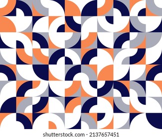 Geometric abstract seamless pattern with colorful simple elements of geometry, wallpaper background in retro 70s style, Bauhaus constructive style tiles.