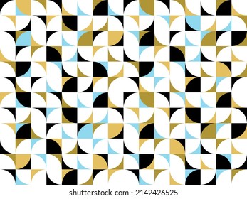 Geometric abstract seamless pattern with colorful simple elements of geometry, wallpaper background in retro 70s style, Bauhaus constructive style tiles.