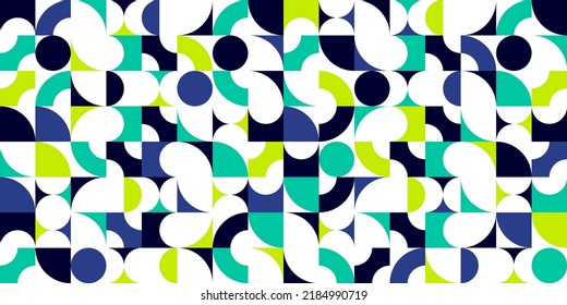 Geometric abstract seamless pattern with colorful simple elements of geometry, wallpaper background in retro 70s style, Bauhaus constructive style tiles.