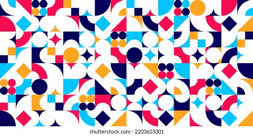 Geometric abstract seamless pattern with colorful simple elements of geometry, wallpaper background in retro 70s style, Bauhaus constructive style tiles.