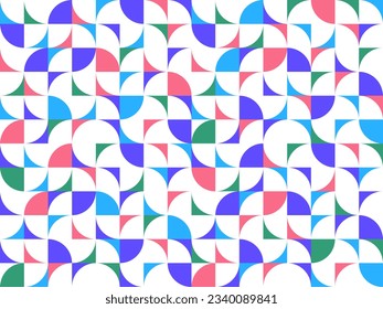 Geometric abstract seamless pattern with colorful simple elements of geometry, wallpaper background in retro 70s style, Bauhaus constructive style tiles.
