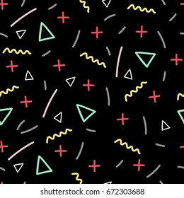 Geometric abstract seamless pattern. Colorful objects on black. Vector background.