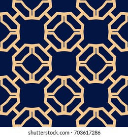 Geometric abstract seamless pattern. Dark blue background with golden elements for textile or paper. Vector illustration