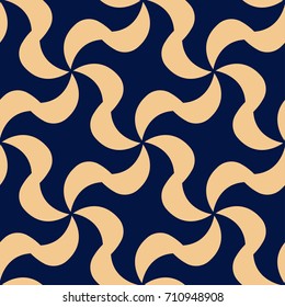 Geometric abstract seamless pattern. Dark blue background with golden elements for textile or paper. Vector illustration