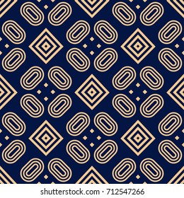 Geometric abstract seamless pattern. Dark blue background with golden elements for textile or paper. Vector illustration