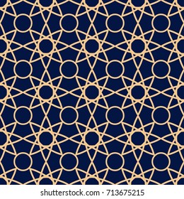 Geometric abstract seamless pattern. Dark blue background with golden elements for textile or paper. Vector illustration