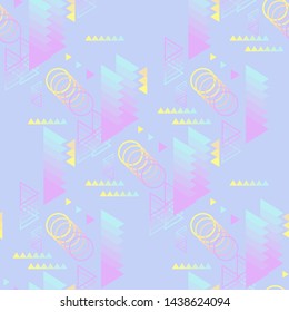Geometric abstract seamless pattern. Delicate, haze circles, triangles and lines. Mint, yellow, lilac and blue colors.